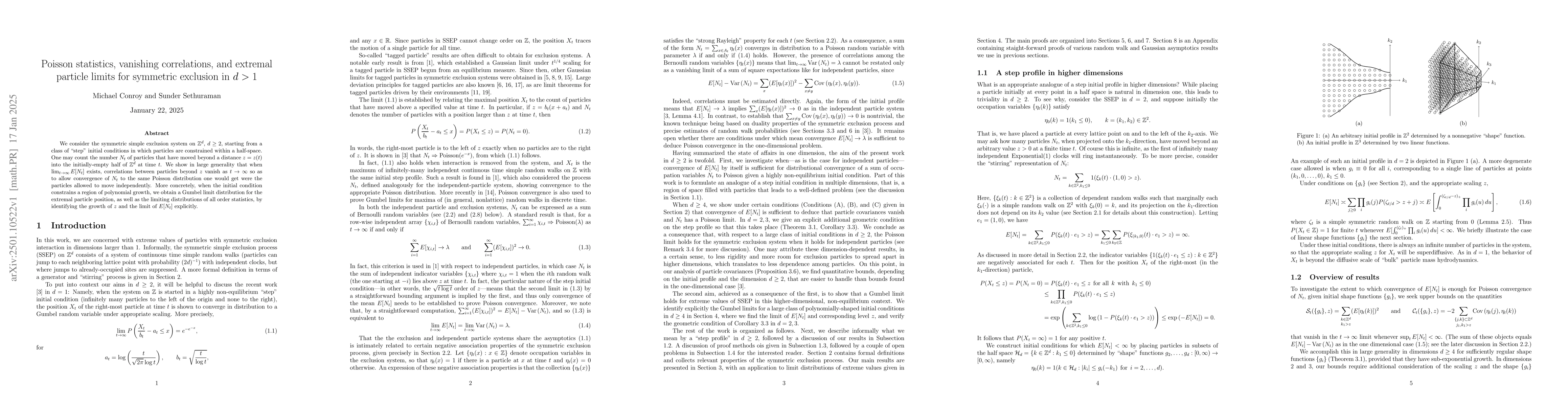 Thumbnail for Poisson statistics, vanishing correlations, and extremal particle limits
  for symmetric exclusion in d > 1
