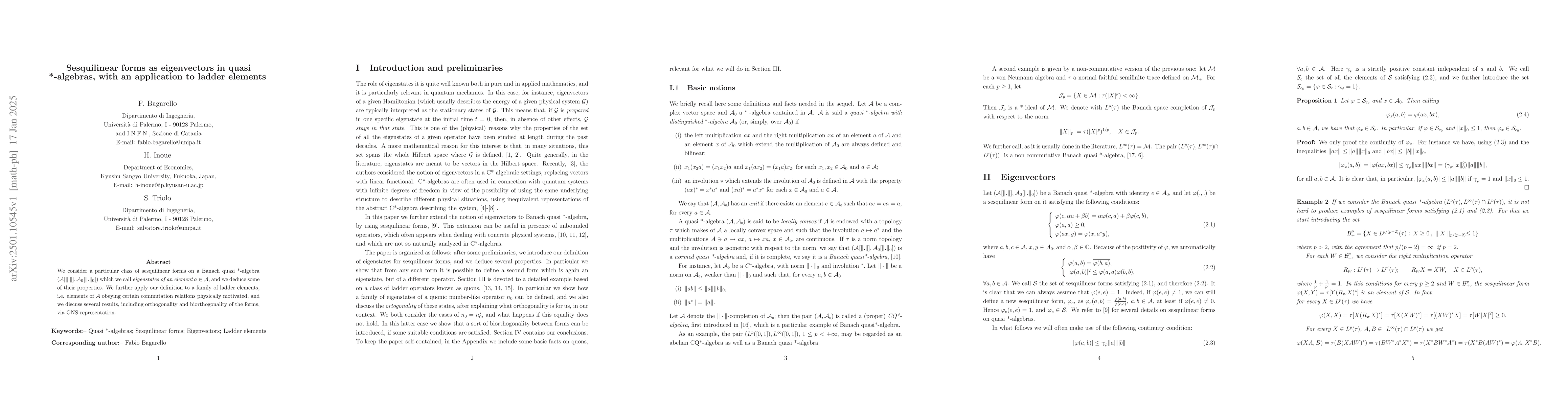 Thumbnail for Sesquilinear forms as eigenvectors in quasi *-algebras, with an
  application to ladder elements