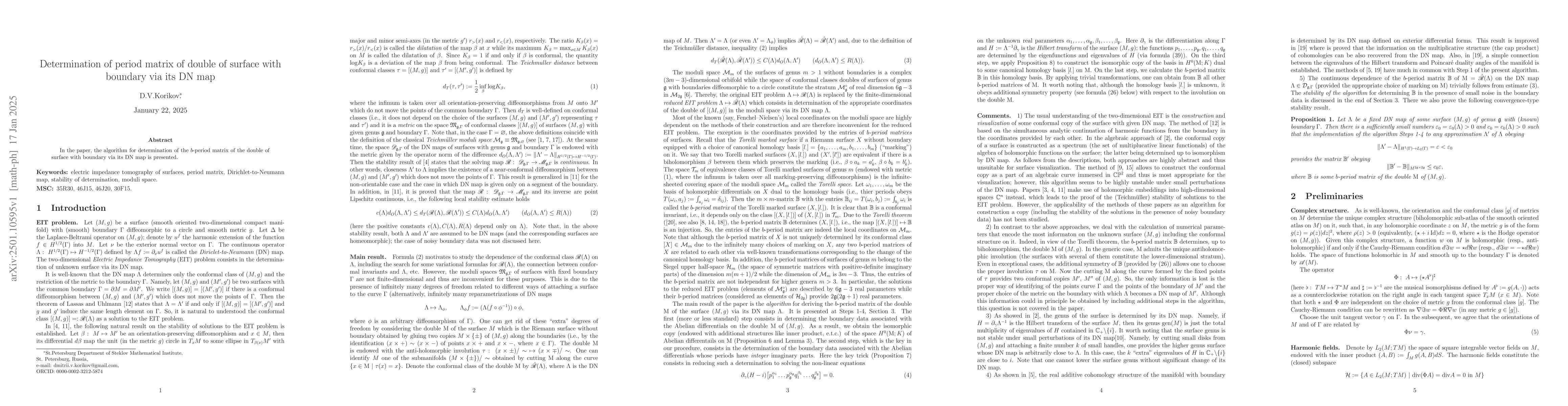 Thumbnail for Determination of period matrix of double of surface with boundary via
  its DN map