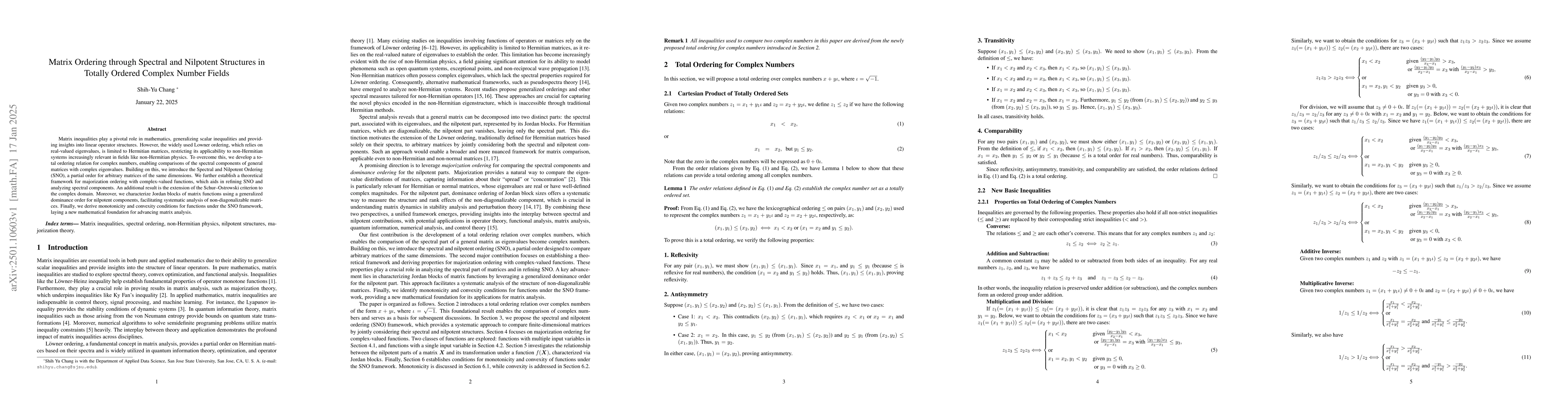 Thumbnail for Matrix Ordering through Spectral and Nilpotent Structures in Totally
  Ordered Complex Number Fields