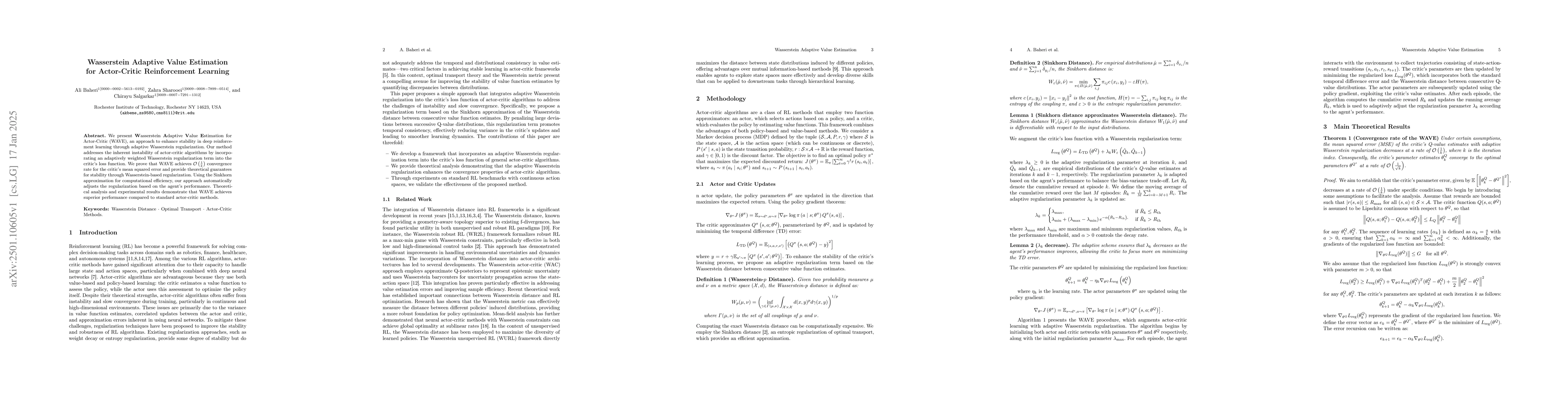 Thumbnail for Wasserstein Adaptive Value Estimation for Actor-Critic Reinforcement
  Learning