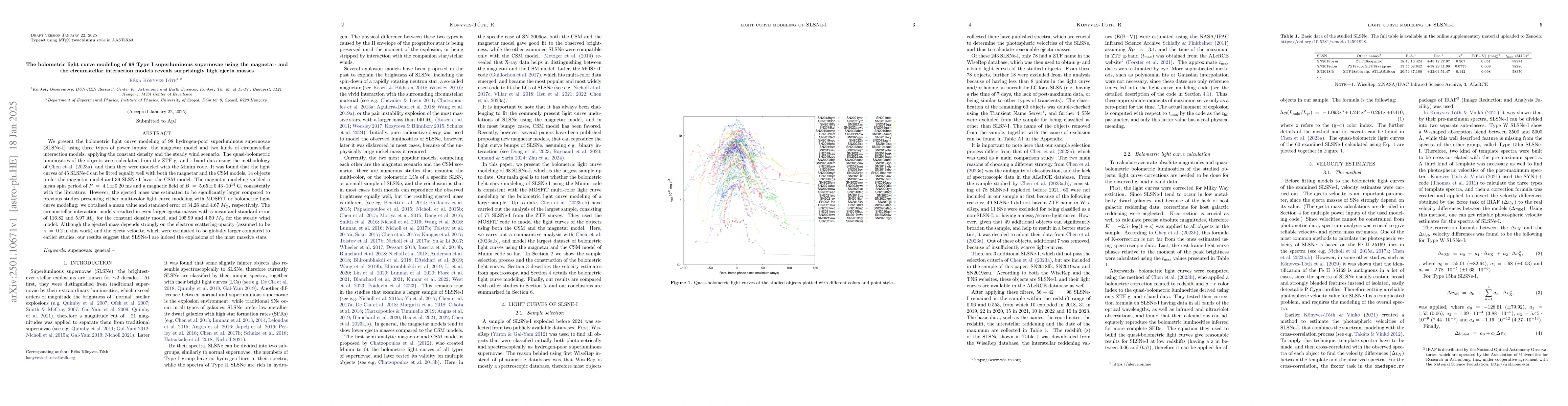 Thumbnail for The bolometric light curve modeling of 98 Type I superluminous
  supernovae using the magnetar- and the circumstellar interaction models
  reveals surprisingly high ejecta masses