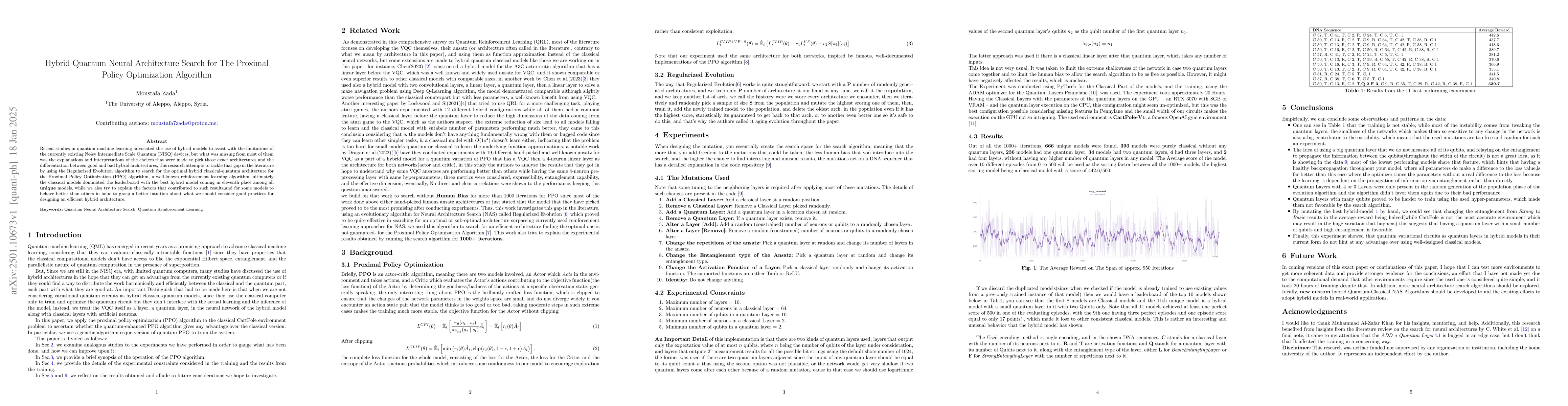 Thumbnail for Hybrid-Quantum Neural Architecture Search for The Proximal Policy
  Optimization Algorithm