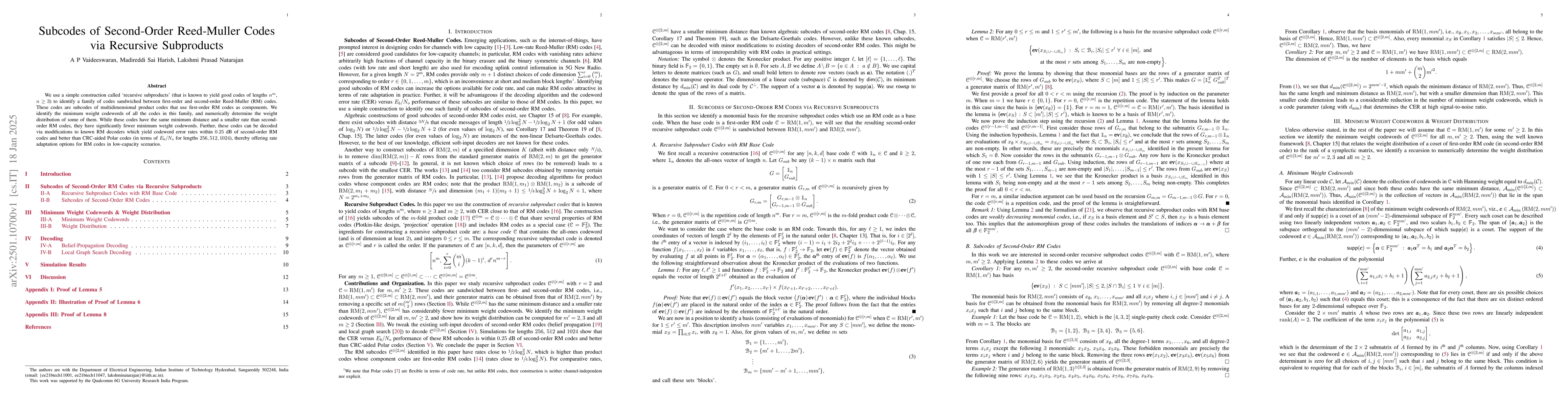 Thumbnail for Subcodes of Second-Order Reed-Muller Codes via Recursive Subproducts