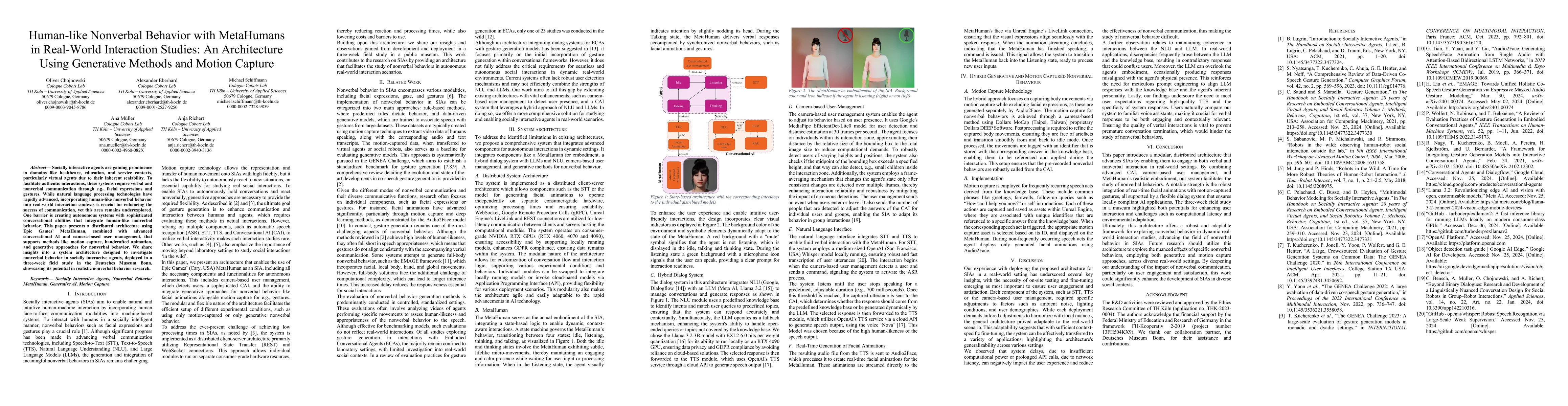 Thumbnail for Human-like Nonverbal Behavior with MetaHumans in Real-World Interaction
  Studies: An Architecture Using Generative Methods and Motion Capture