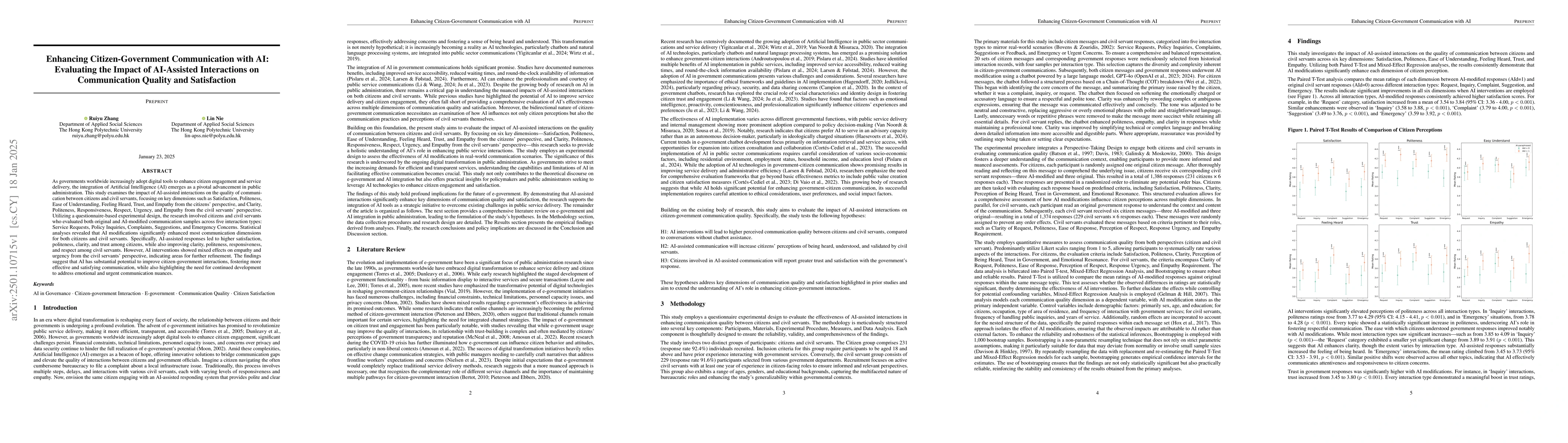 Thumbnail for Enhancing Citizen-Government Communication with AI: Evaluating the
  Impact of AI-Assisted Interactions on Communication Quality and Satisfaction