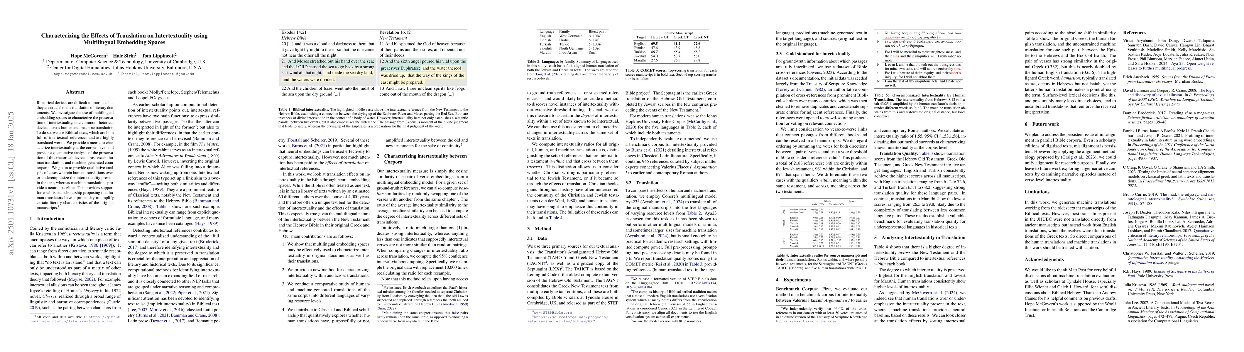 Thumbnail for Characterizing the Effects of Translation on Intertextuality using
  Multilingual Embedding Spaces