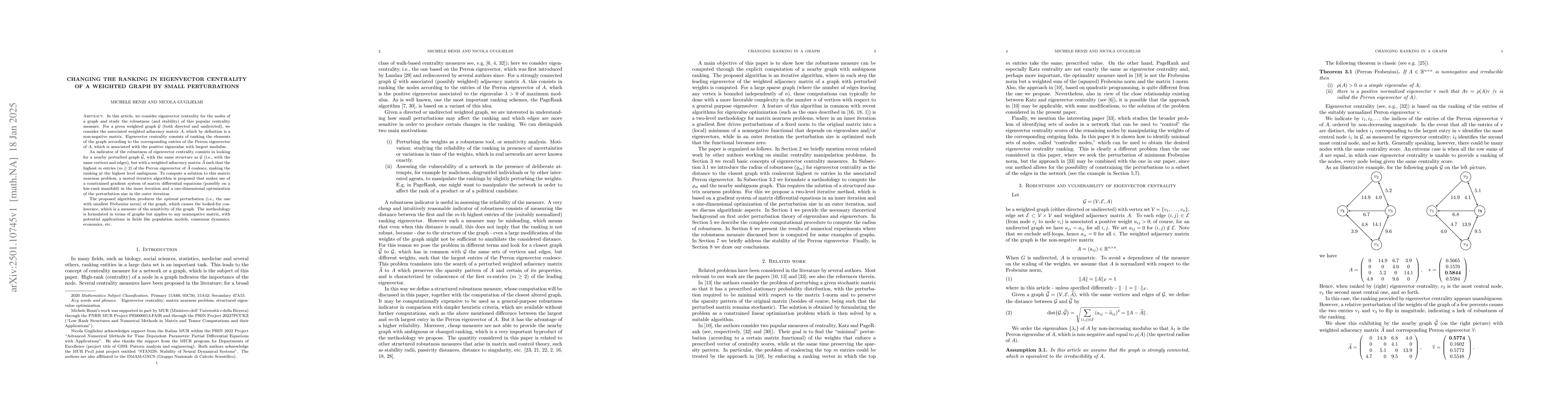 Thumbnail for Changing the ranking in eigenvector centrality of a weighted graph by
  small perturbations
