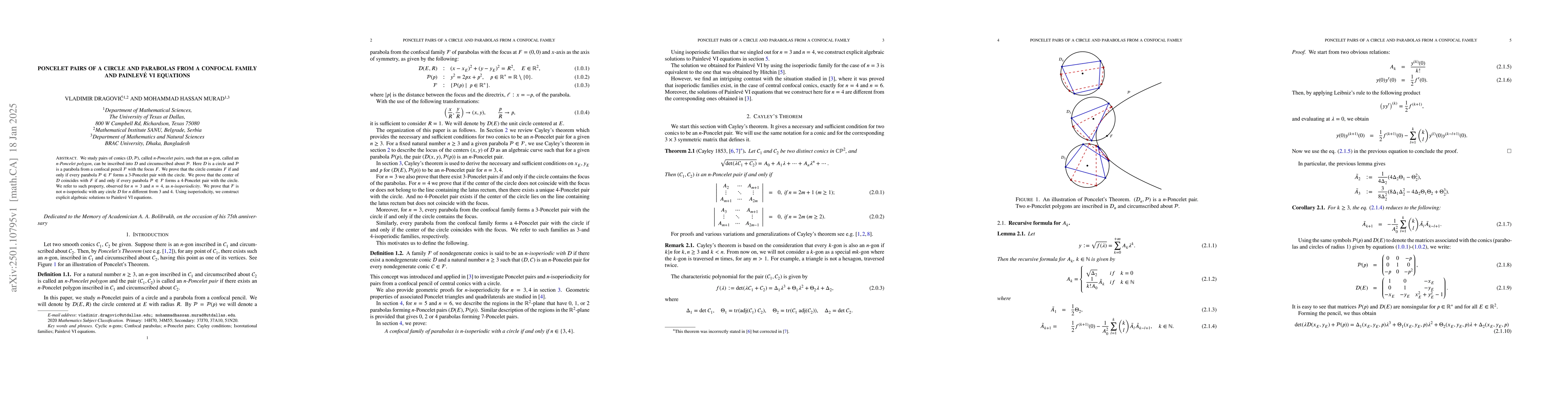 Thumbnail for Poncelet pairs of a circle and parabolas from a confocal family and
  PainlevĂŠ VI equations