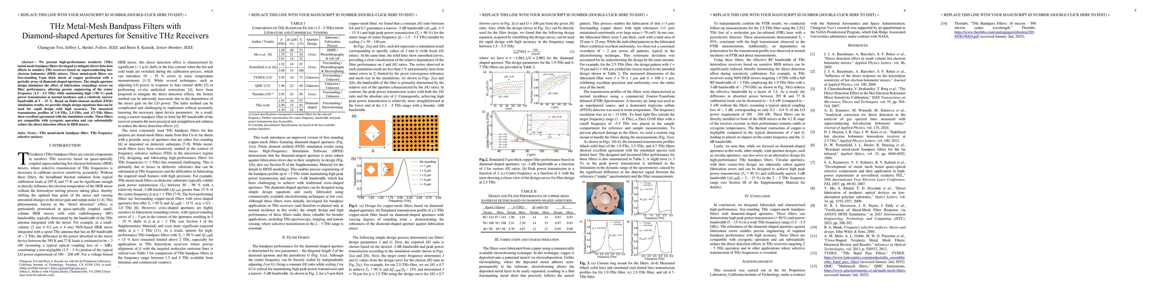 Thumbnail for THz Metal-Mesh Bandpass Filters with Diamond-shaped Apertures for
  Sensitive THz Receivers