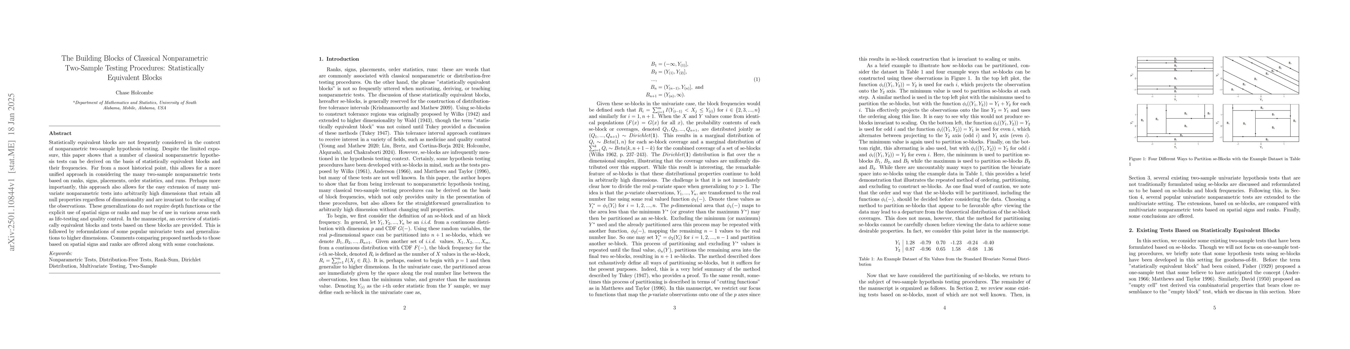 Thumbnail for The Building Blocks of Classical Nonparametric Two-Sample Testing
  Procedures: Statistically Equivalent Blocks