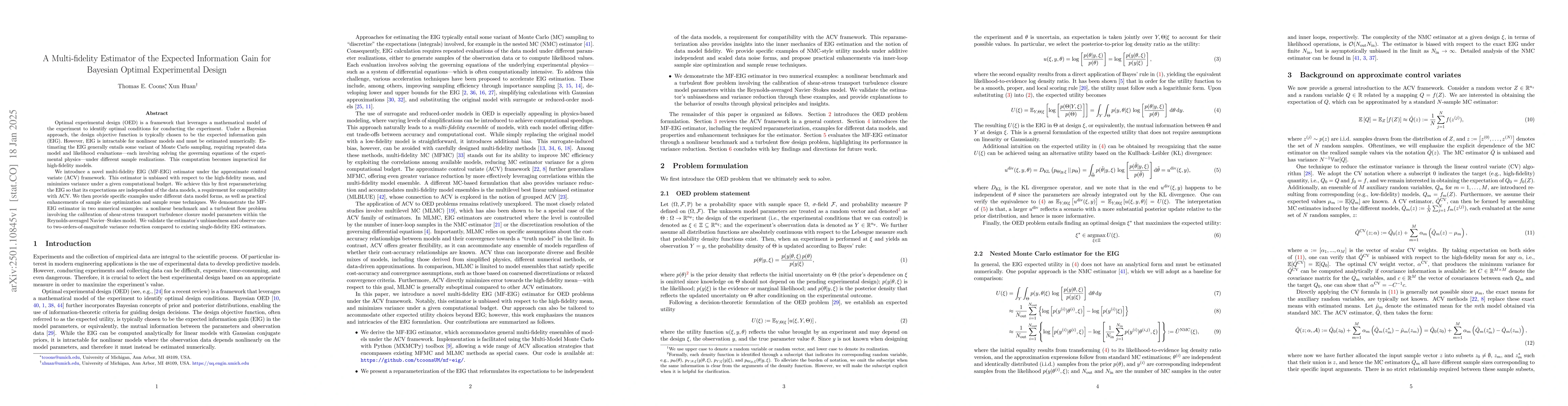 Thumbnail for A Multi-fidelity Estimator of the Expected Information Gain for Bayesian
  Optimal Experimental Design