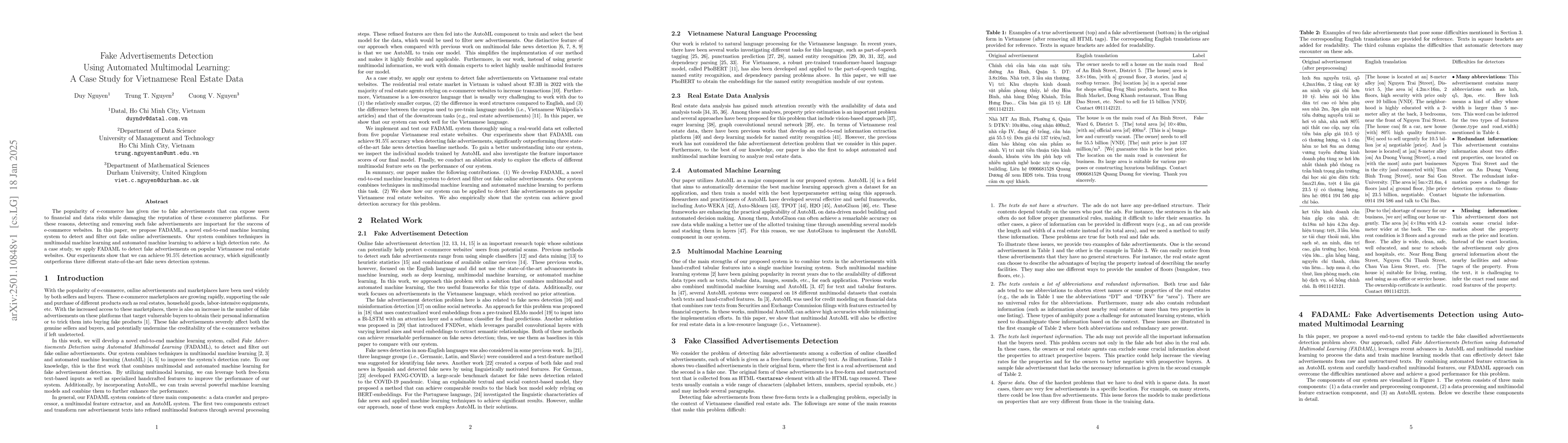 Thumbnail for Fake Advertisements Detection Using Automated Multimodal Learning: A
  Case Study for Vietnamese Real Estate Data