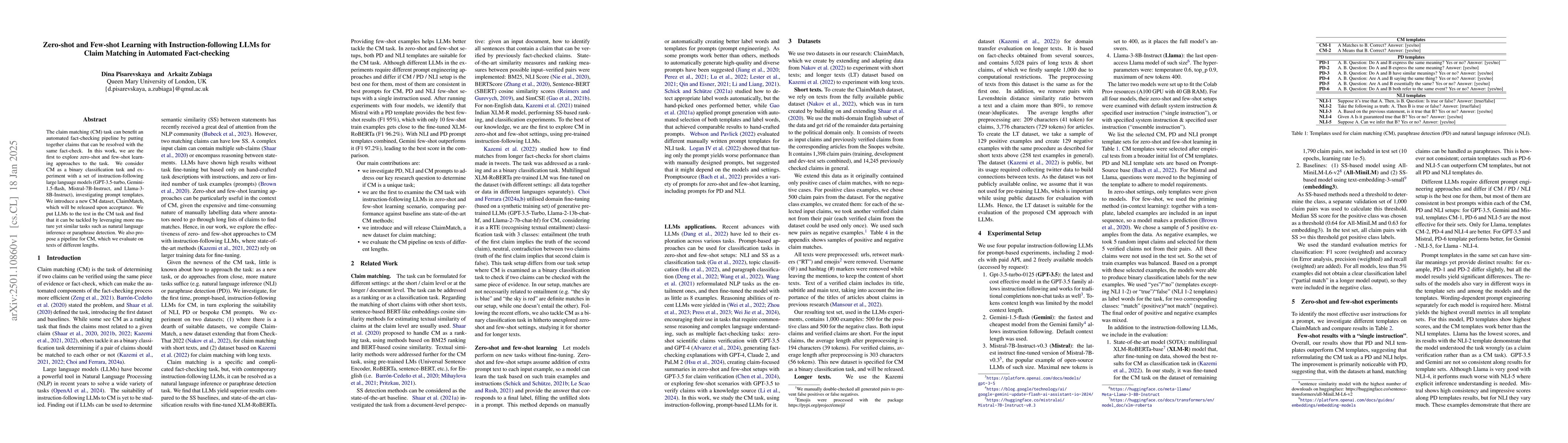 Thumbnail for Zero-shot and Few-shot Learning with Instruction-following LLMs for
  Claim Matching in Automated Fact-checking