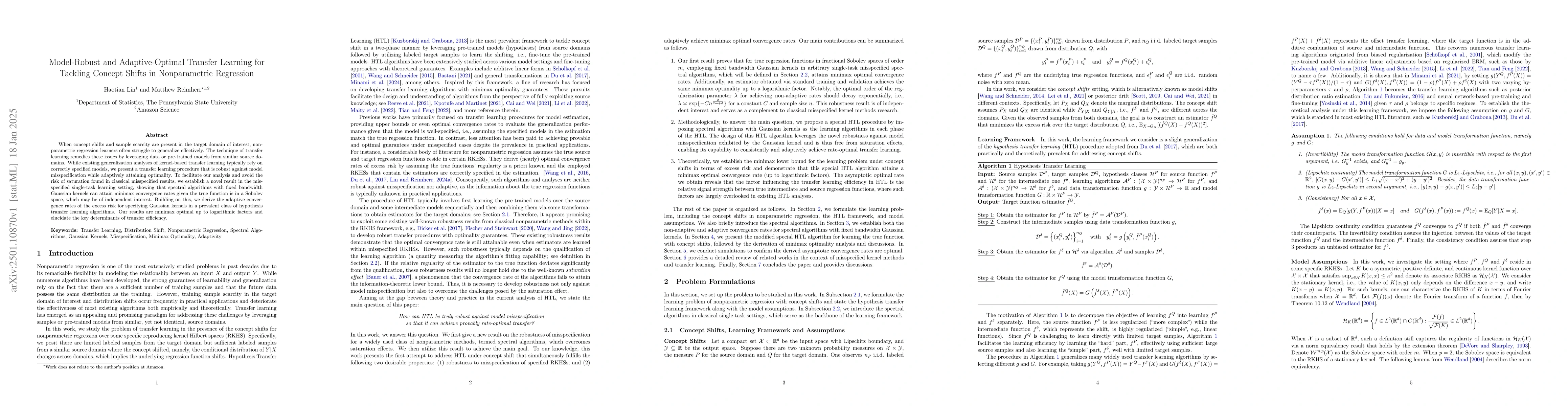 Thumbnail for Model-Robust and Adaptive-Optimal Transfer Learning for Tackling Concept
  Shifts in Nonparametric Regression