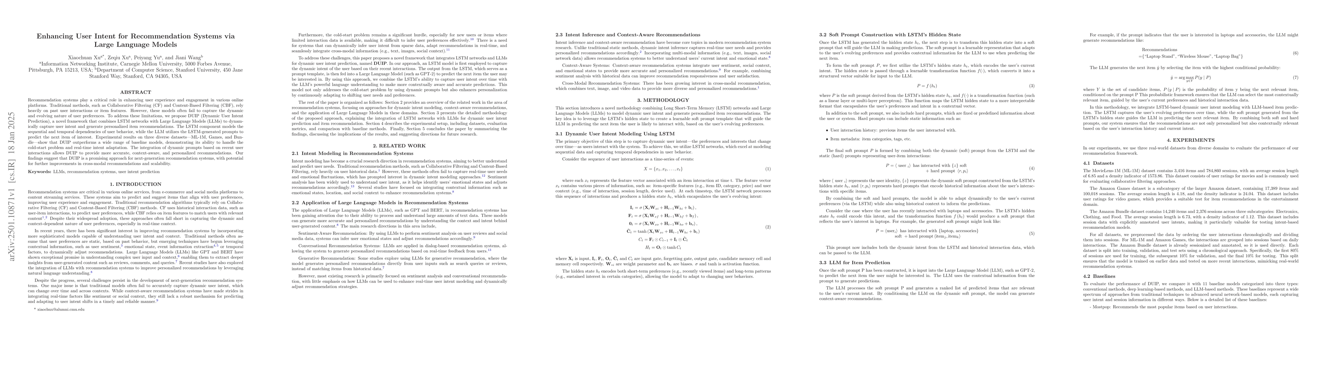 Thumbnail for Enhancing User Intent for Recommendation Systems via Large Language
  Models