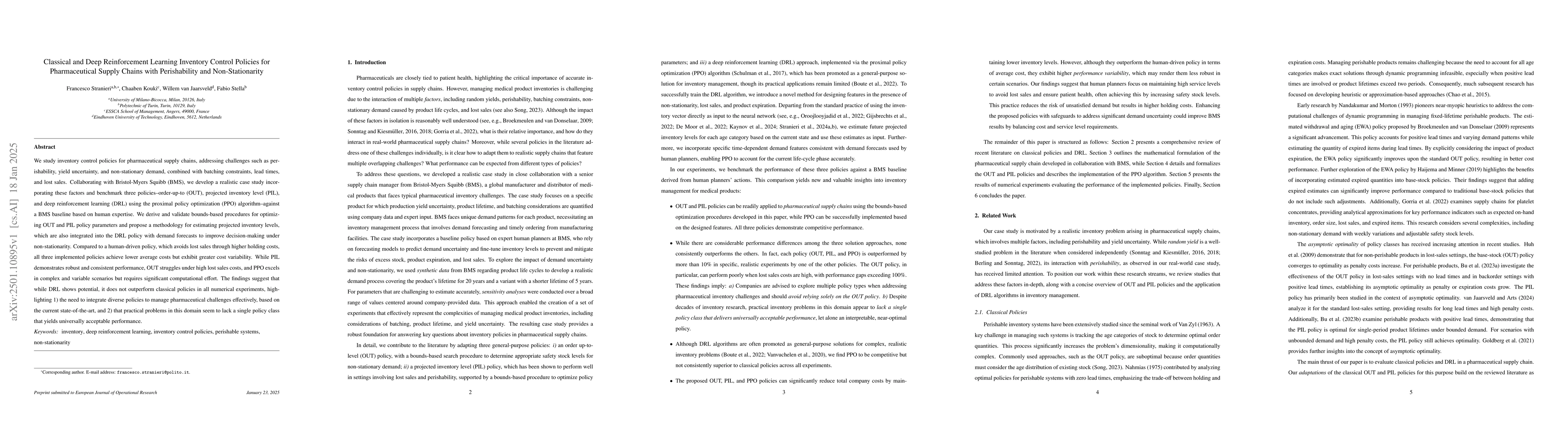Thumbnail for Classical and Deep Reinforcement Learning Inventory Control Policies for
  Pharmaceutical Supply Chains with Perishability and Non-Stationarity