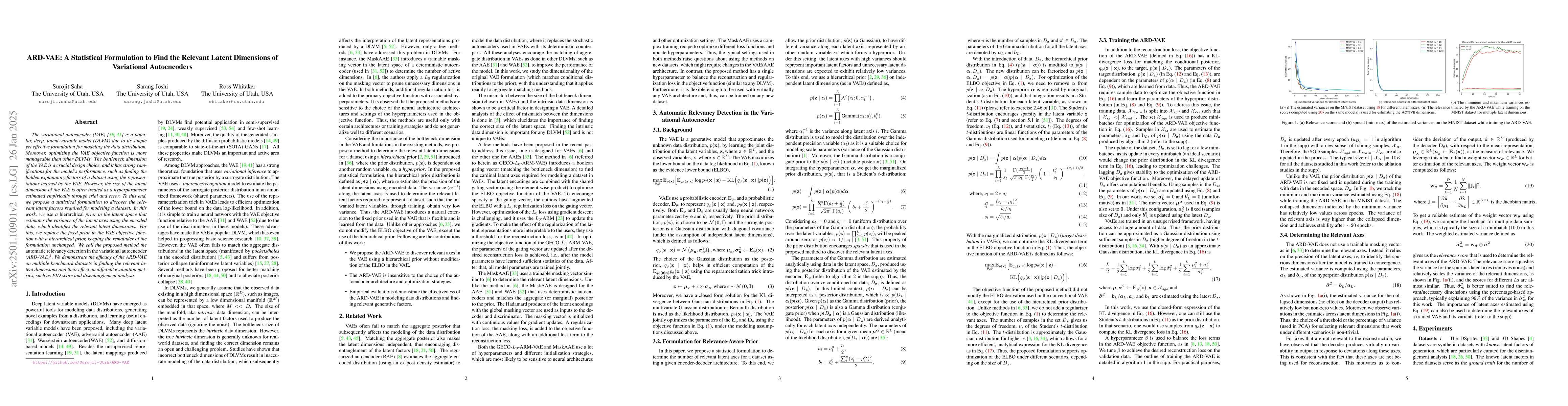 Thumbnail for ARD-VAE: A Statistical Formulation to Find the Relevant Latent
  Dimensions of Variational Autoencoders