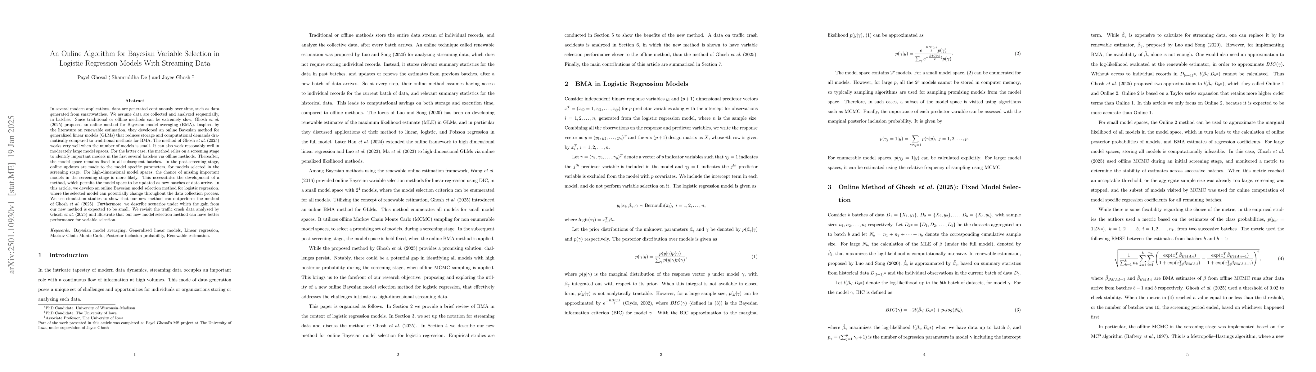 Thumbnail for An Online Algorithm for Bayesian Variable Selection in Logistic
  Regression Models With Streaming Data