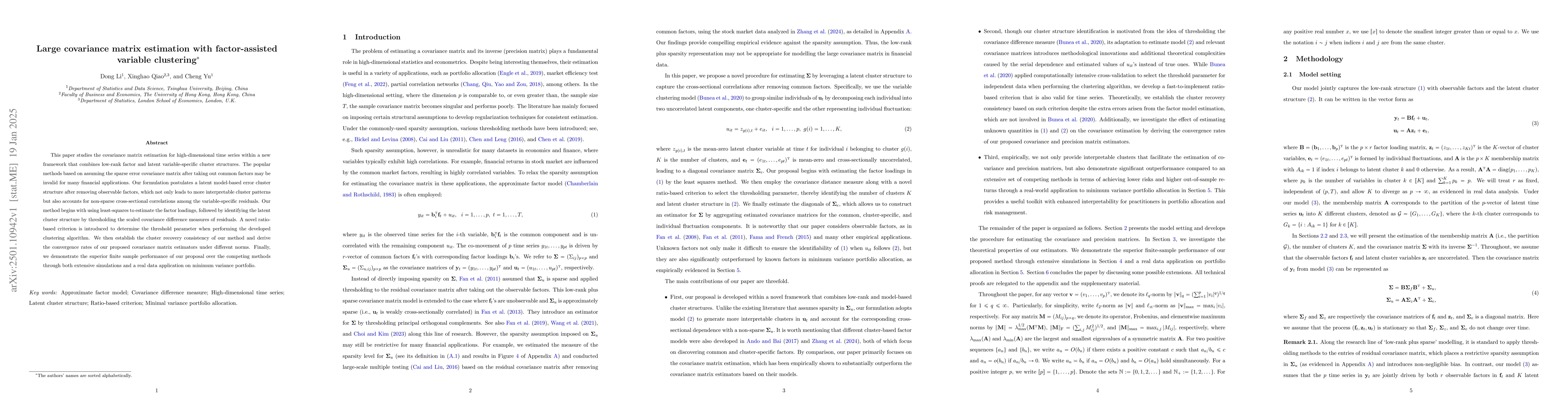 Thumbnail for Large covariance matrix estimation with factor-assisted variable
  clustering