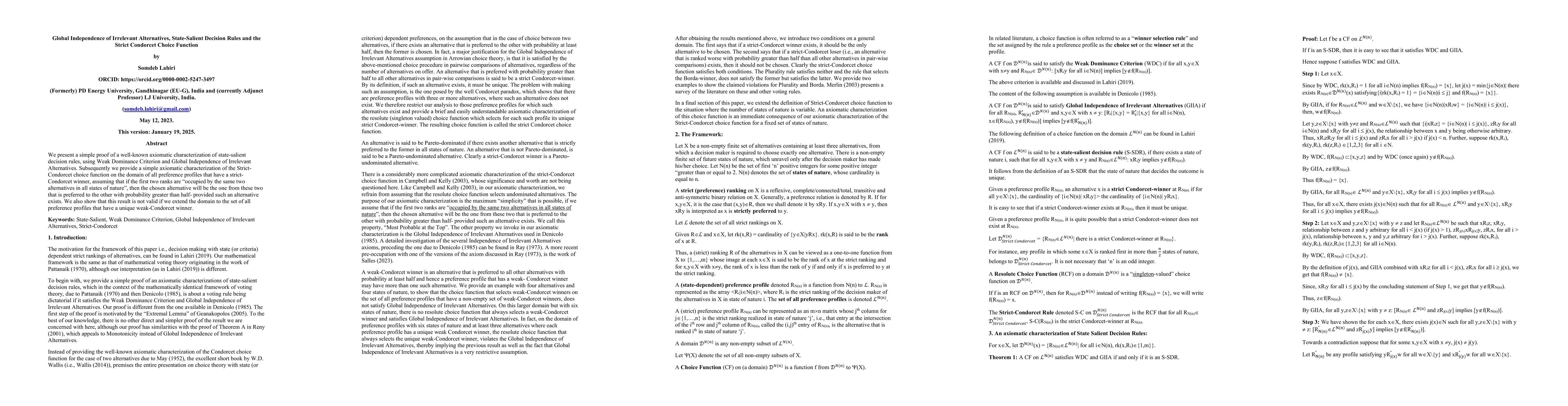 Thumbnail for Global Independence of Irrelevant Alternatives, State-Salient Decision
  Rules and the Strict Condorcet Choice Function