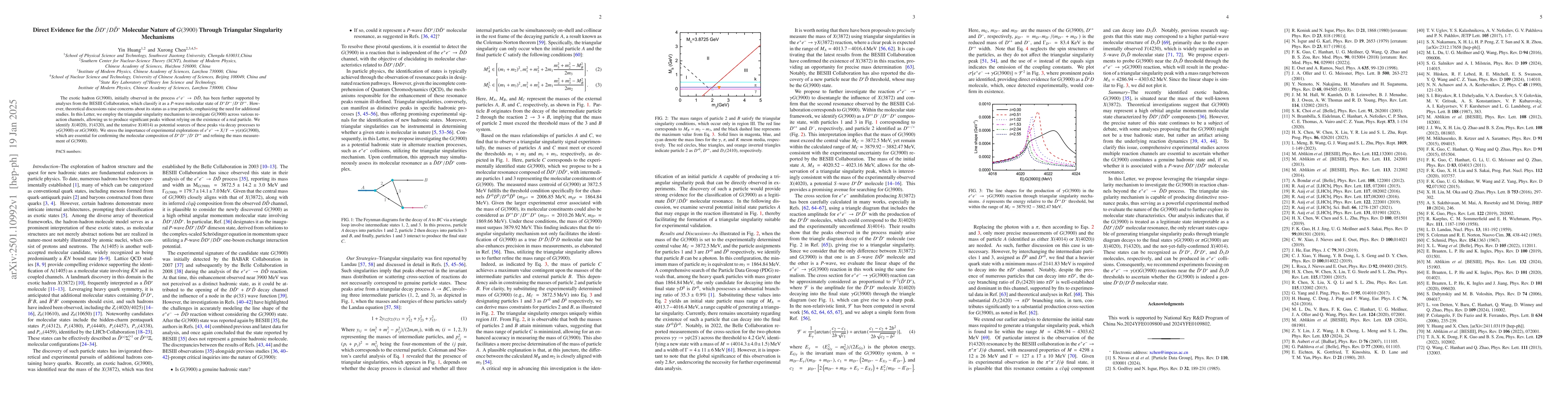 Thumbnail for Direct Evidence for the $\bar{D}D^*/D\bar{D}^*$ Molecular Nature of
  $G(3900)$ Through Triangular Singularity Mechanisms