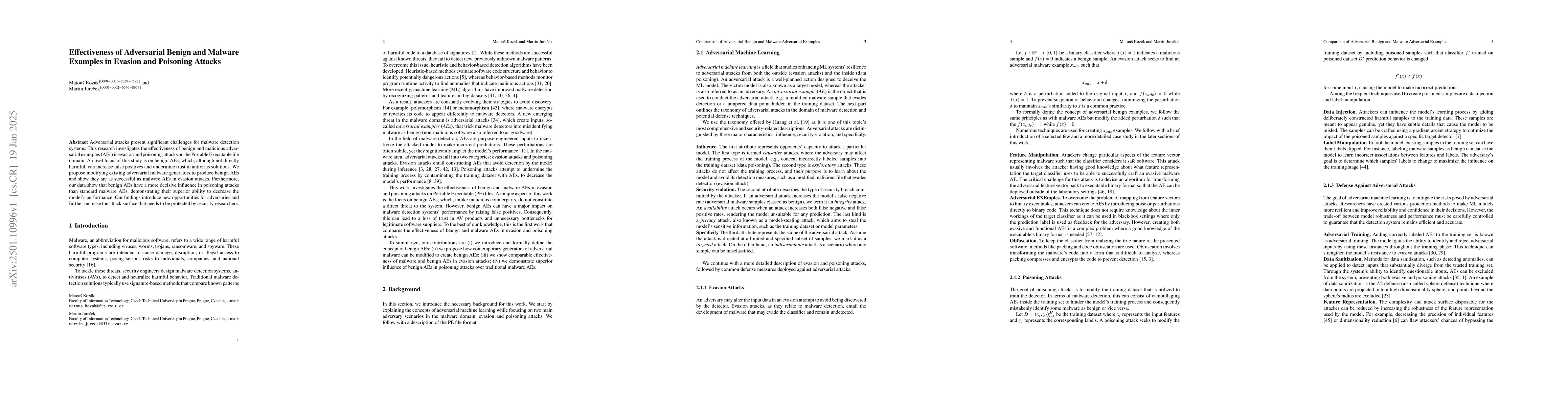 Thumbnail for Effectiveness of Adversarial Benign and Malware Examples in Evasion and
  Poisoning Attacks