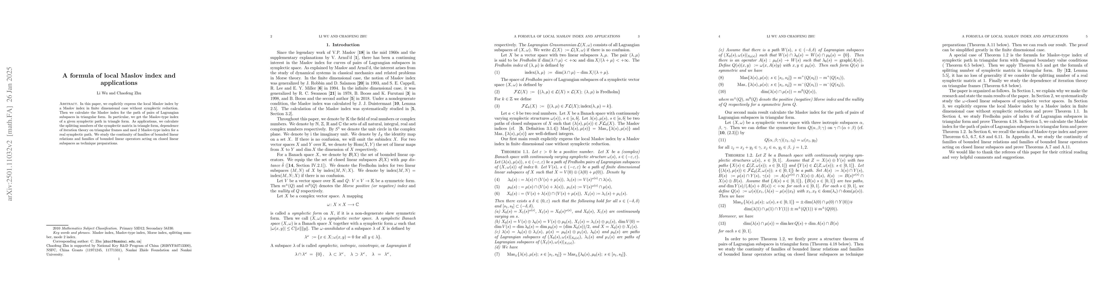 Thumbnail for A formula of local Maslov index and applications