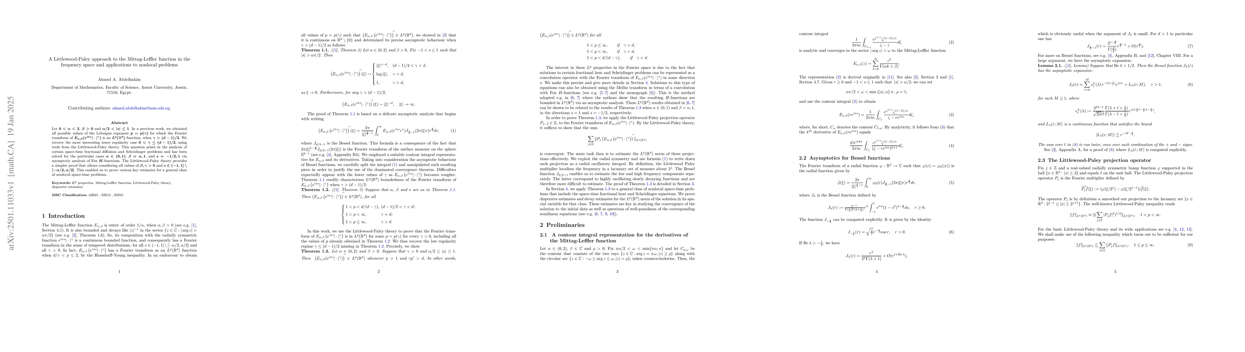 Thumbnail for A Littlewood-Paley approach to the Mittag-Leffler function in the
  frequency space and applications to nonlocal problems