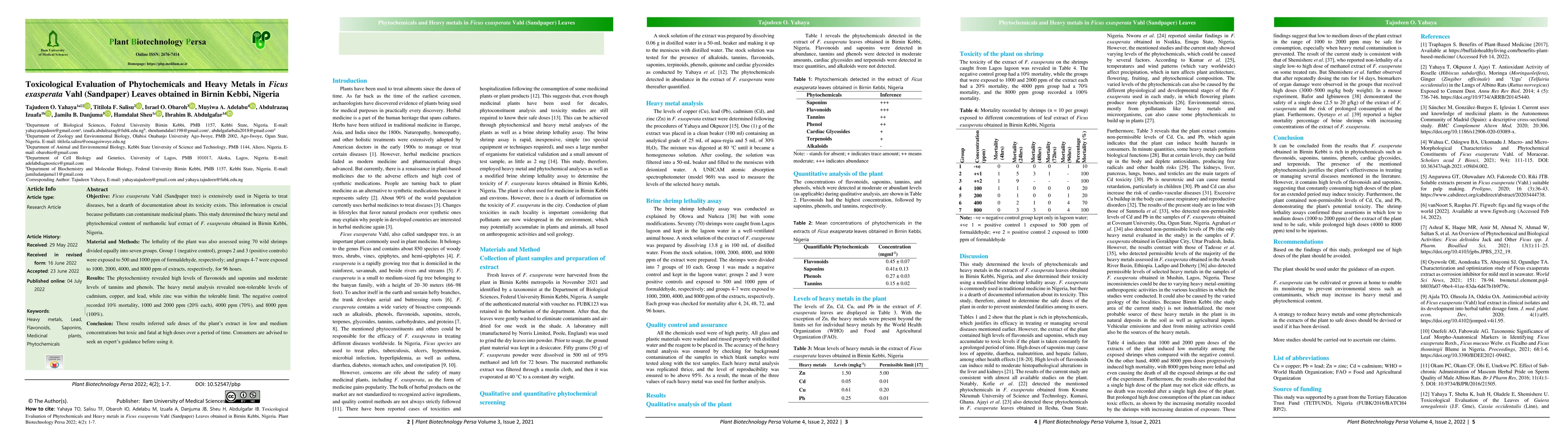 Thumbnail for Toxicological Evaluation of Phytochemicals and Heavy Metals in Ficus
  exasperata Vahl (Sandpaper) Leaves obtained in Birnin Kebbi, Nigeria