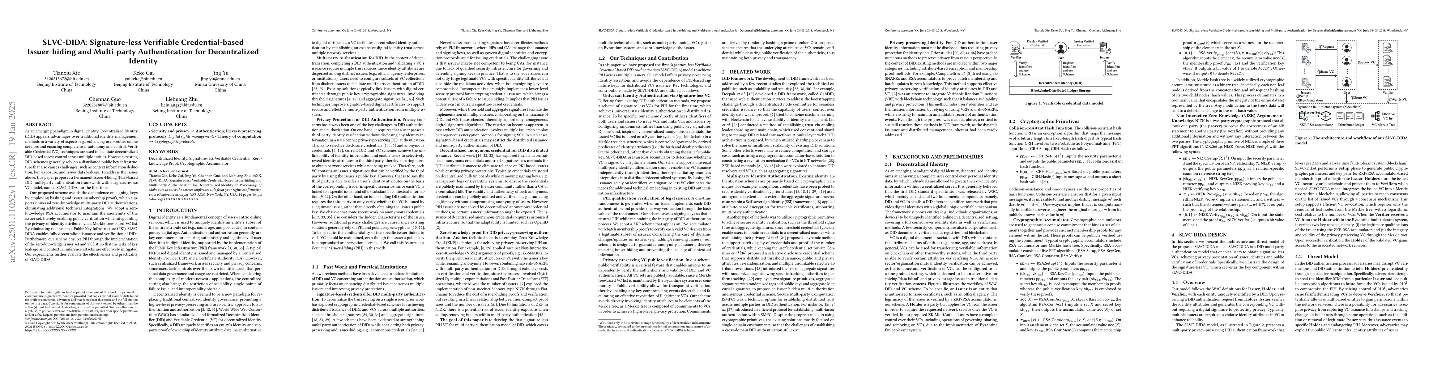 Thumbnail for SLVC-DIDA: Signature-less Verifiable Credential-based Issuer-hiding and
  Multi-party Authentication for Decentralized Identity