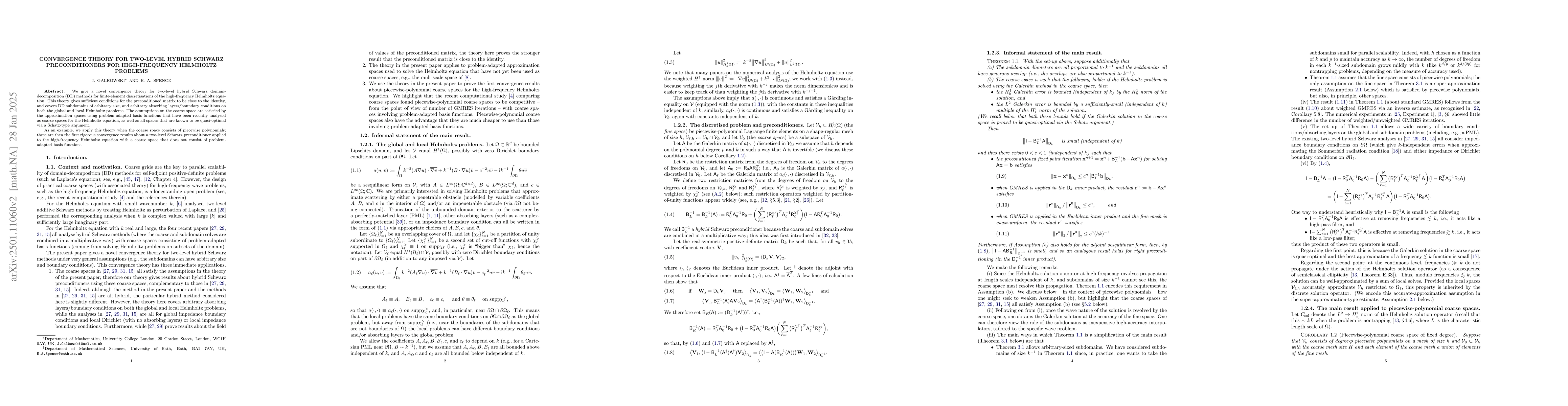 Thumbnail for Convergence theory for two-level hybrid Schwarz preconditioners for
  high-frequency Helmholtz problems