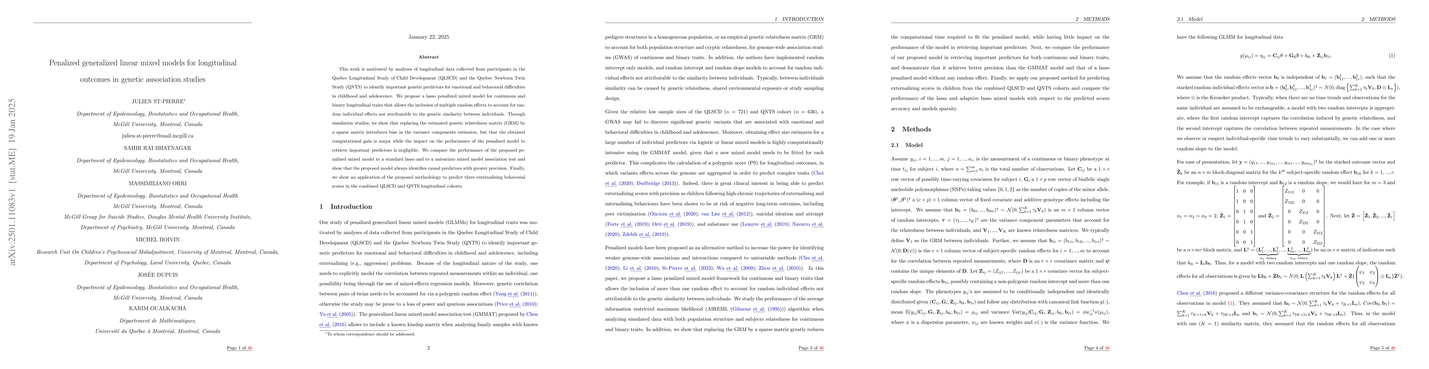 Thumbnail for Penalized generalized linear mixed models for longitudinal outcomes in
  genetic association studies
