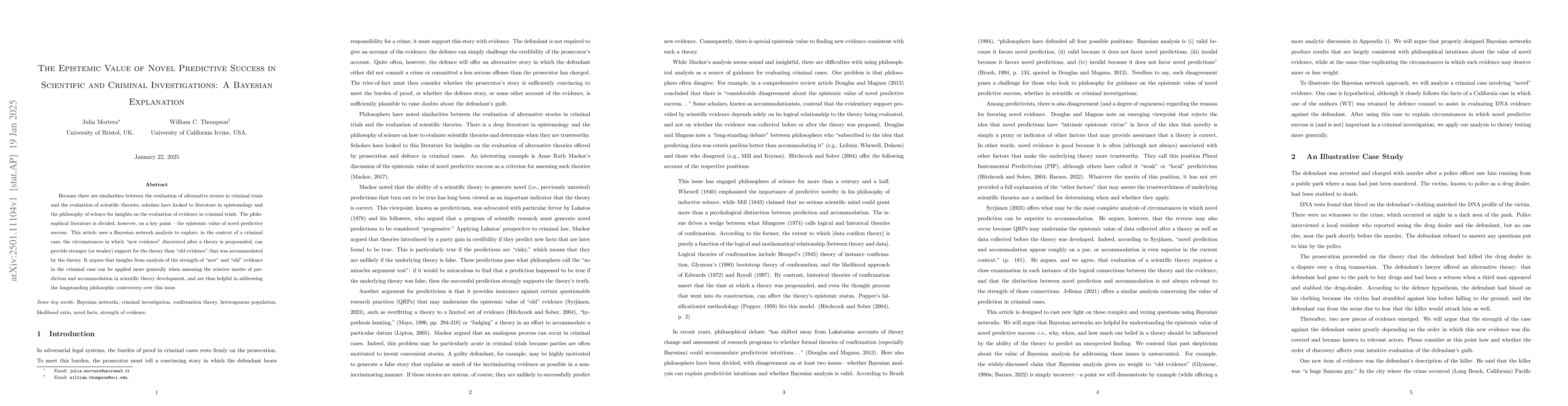 Thumbnail for The Epistemic Value of Novel Predictive Success in Scientific and
  Criminal Investigations: A Bayesian Explanation