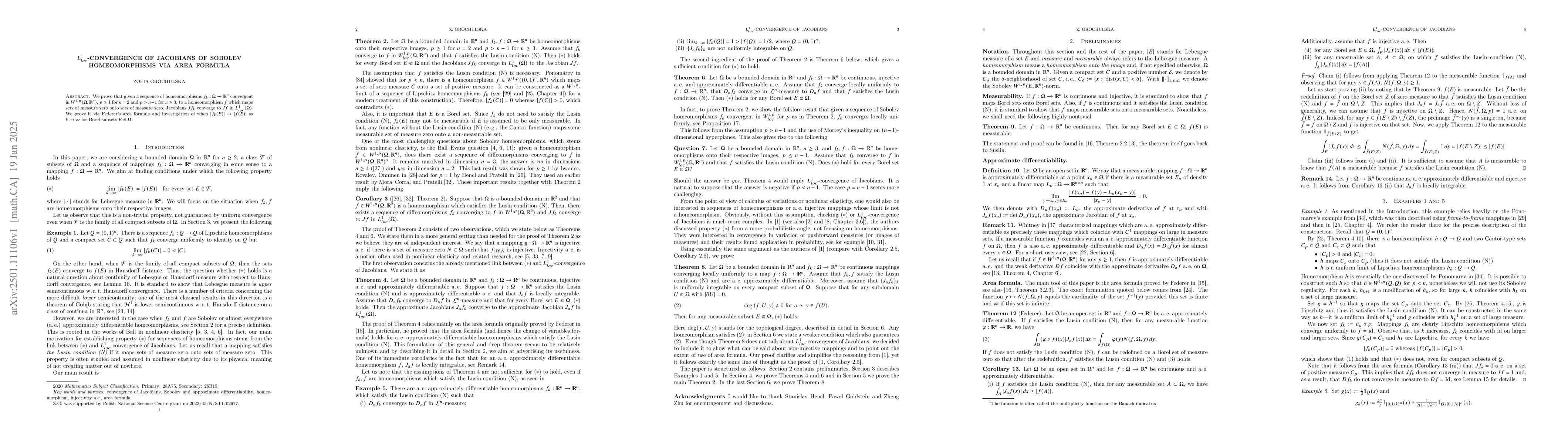 Thumbnail for $L^{1}_{loc}$-convergence of Jacobians of Sobolev homeomorphisms via
  area formula