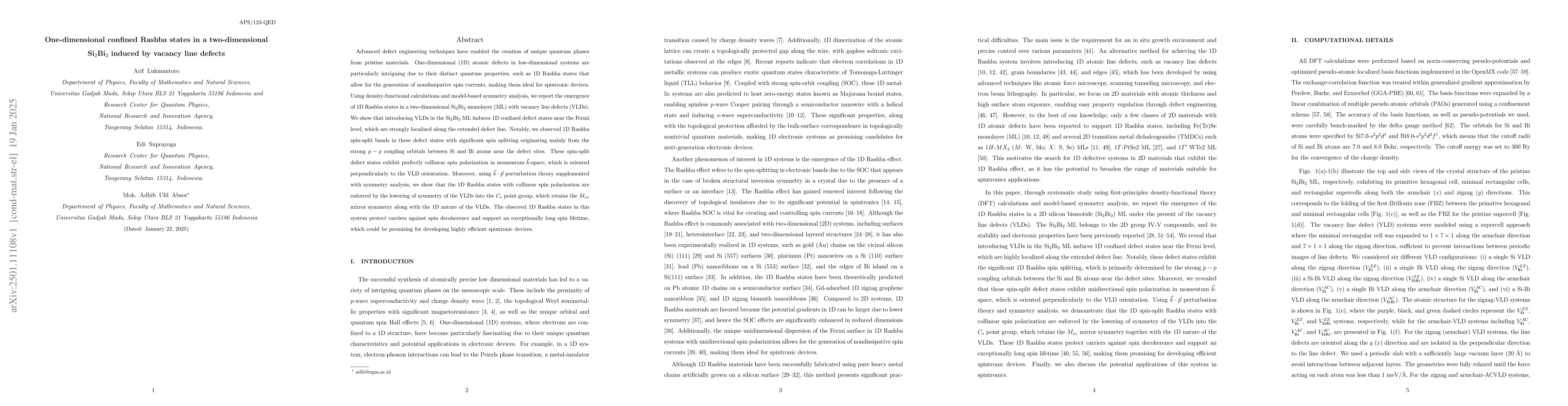 Thumbnail for One-dimensional confined Rashba states in a two-dimensional
  Si$_{2}$Bi$_{2}$ induced by vacancy line defects