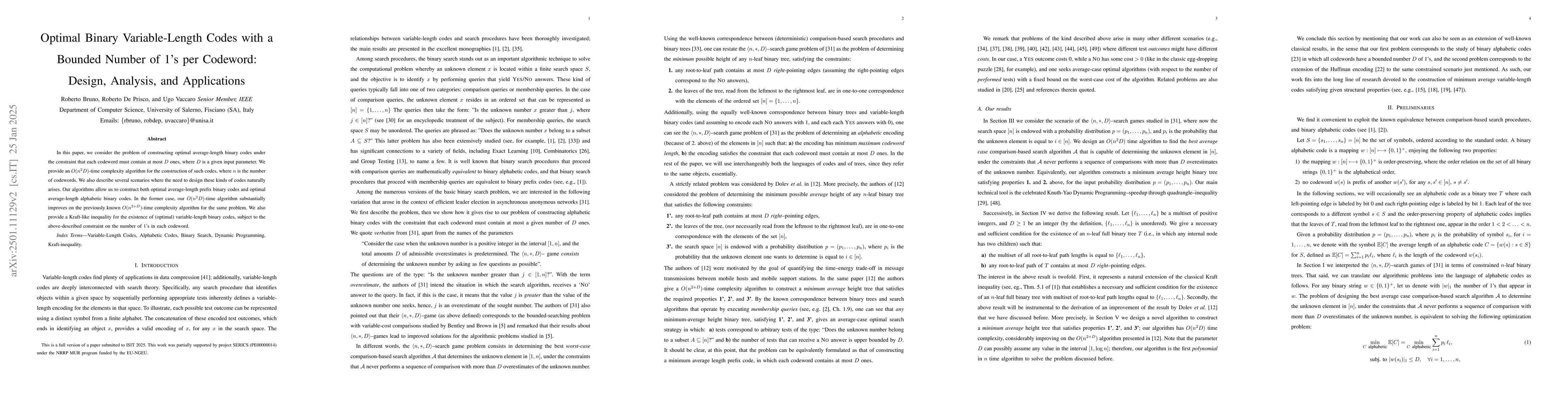 Thumbnail for Optimal Binary Variable-Length Codes with a Bounded Number of 1's per
  Codeword: Design, Analysis, and Applications