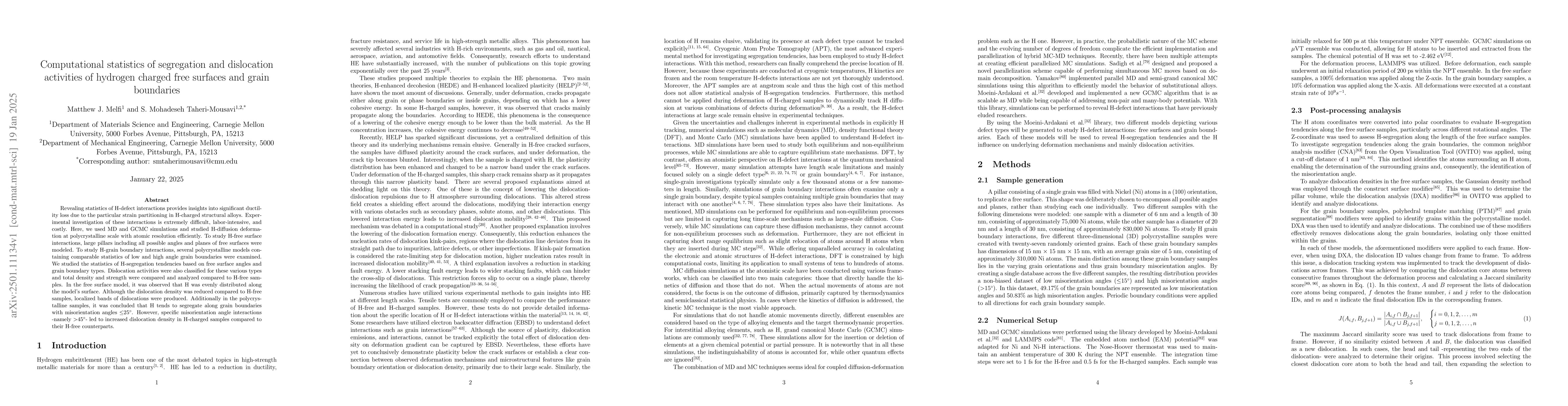 Thumbnail for Computational statistics of segregation and dislocation activities of
  hydrogen charged free surfaces and grain boundaries