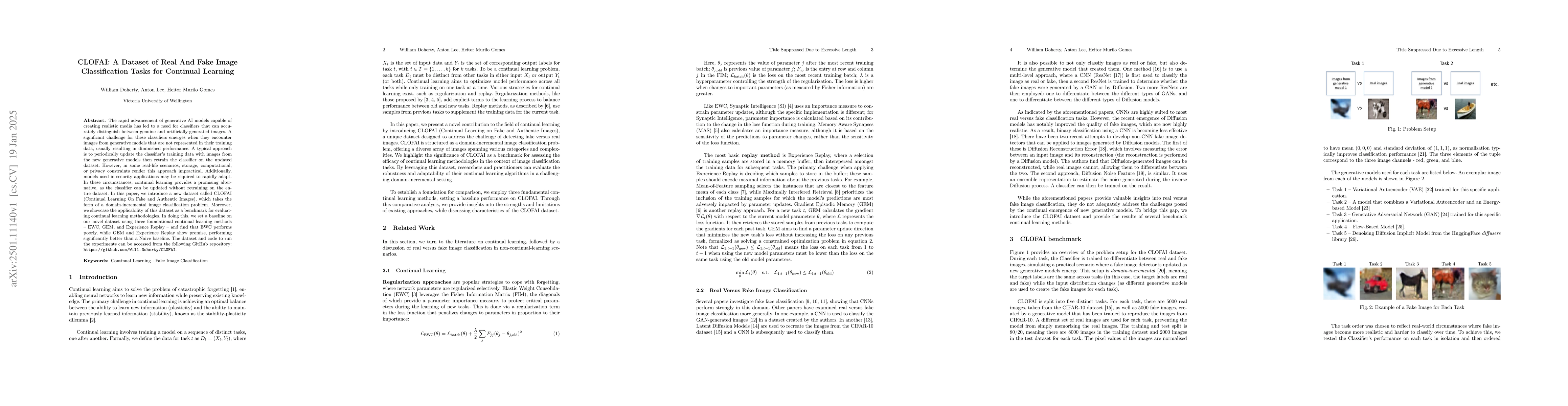 Thumbnail for CLOFAI: A Dataset of Real And Fake Image Classification Tasks for
  Continual Learning