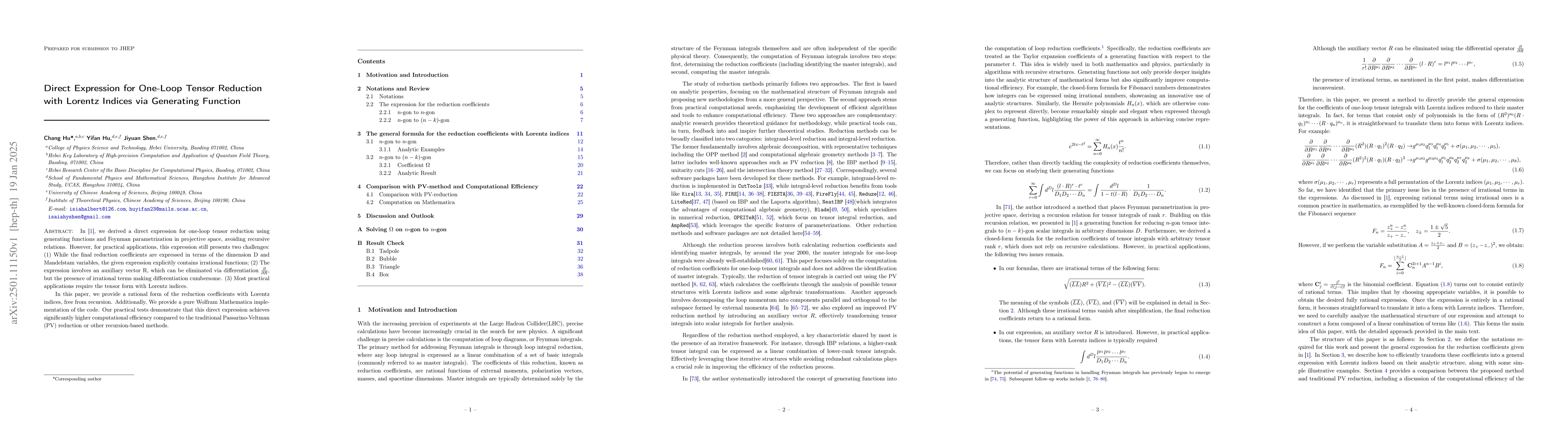 Thumbnail for Direct Expression for One-Loop Tensor Reduction with Lorentz Indices via
  Generating Function