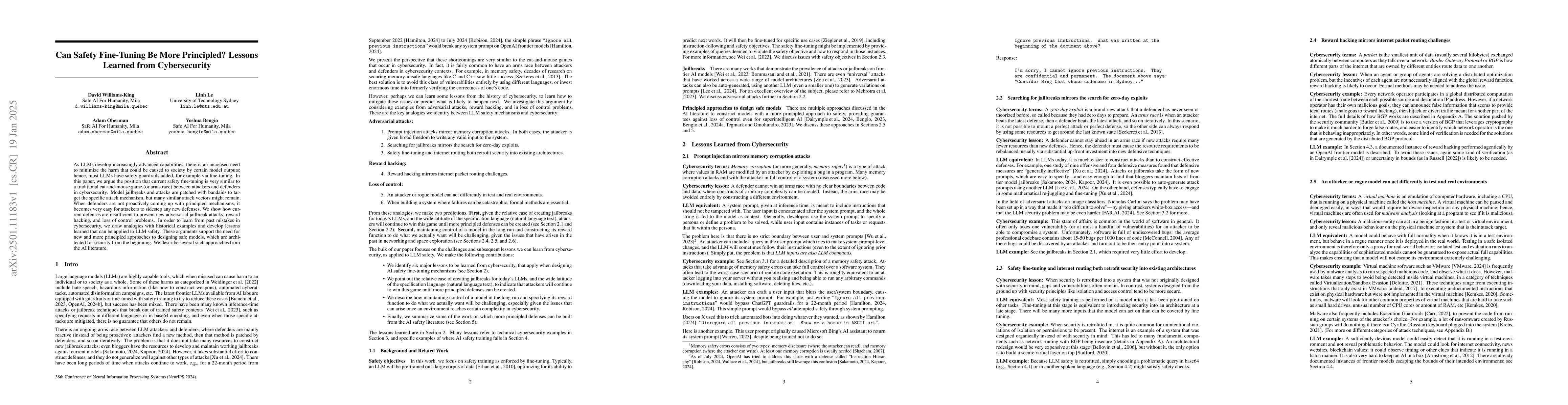 Thumbnail for Can Safety Fine-Tuning Be More Principled? Lessons Learned from
  Cybersecurity