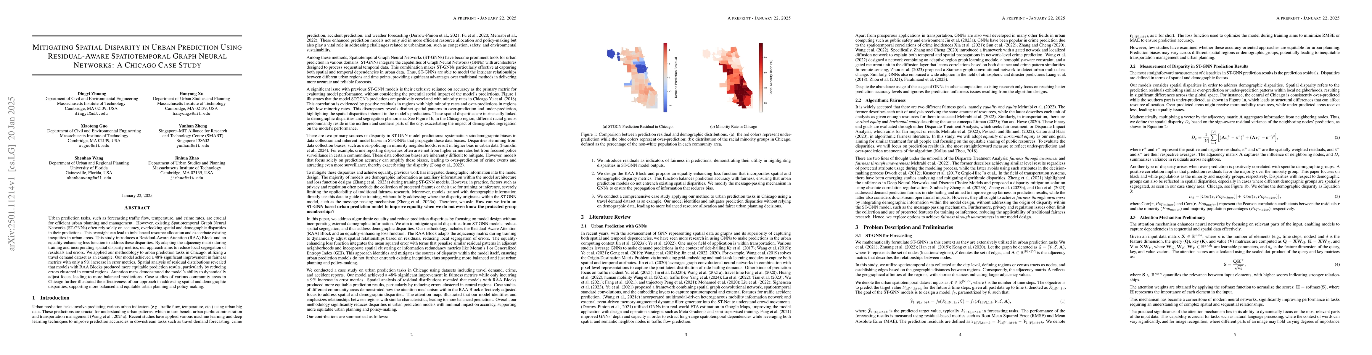 Thumbnail for Mitigating Spatial Disparity in Urban Prediction Using Residual-Aware
  Spatiotemporal Graph Neural Networks: A Chicago Case Study