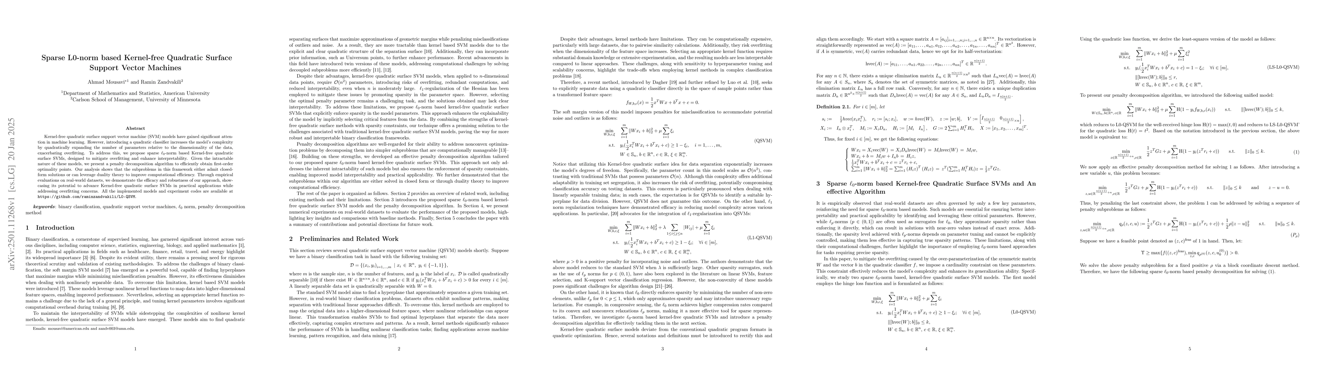 Thumbnail for Sparse L0-norm based Kernel-free Quadratic Surface Support Vector
  Machines