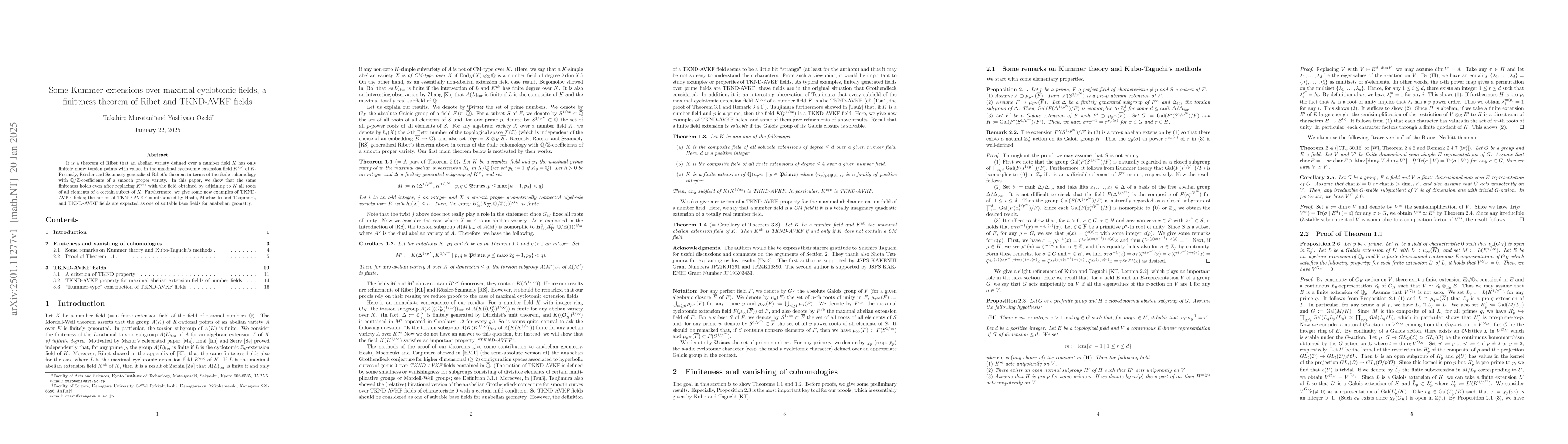 Thumbnail for Some Kummer extensions over maximal cyclotomic fields, a finiteness
  theorem of Ribet and TKND-AVKF fields