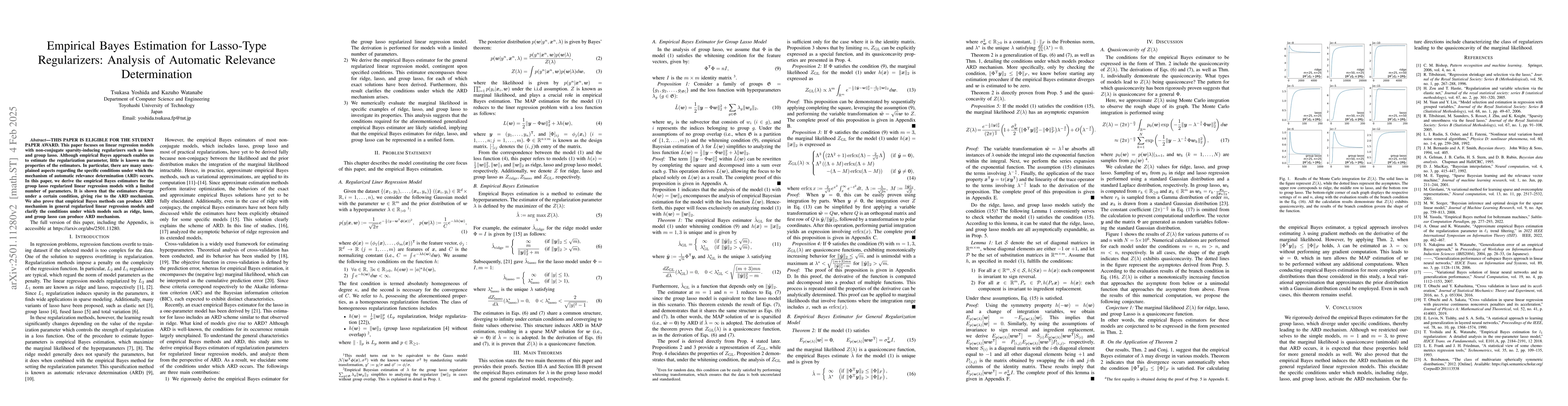 Thumbnail for Empirical Bayes Estimation for Lasso-Type Regularizers: Analysis of
  Automatic Relevance Determination