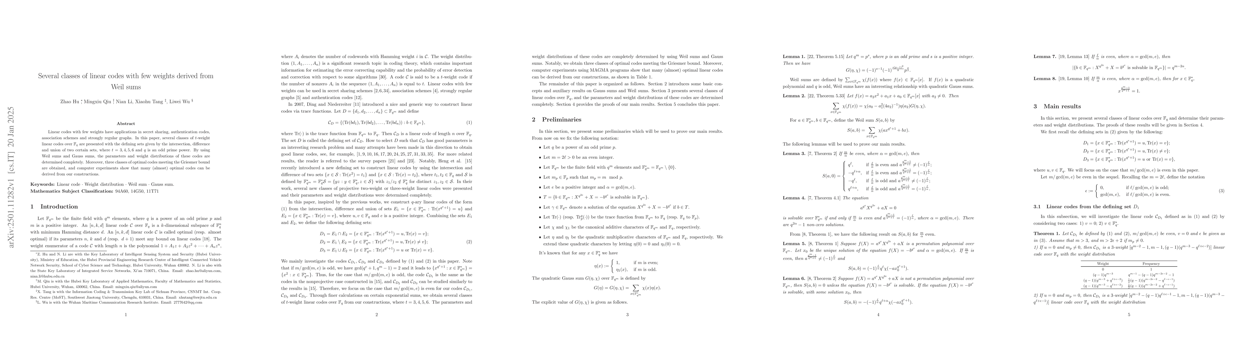 Thumbnail for Several classes of linear codes with few weights derived from Weil sums