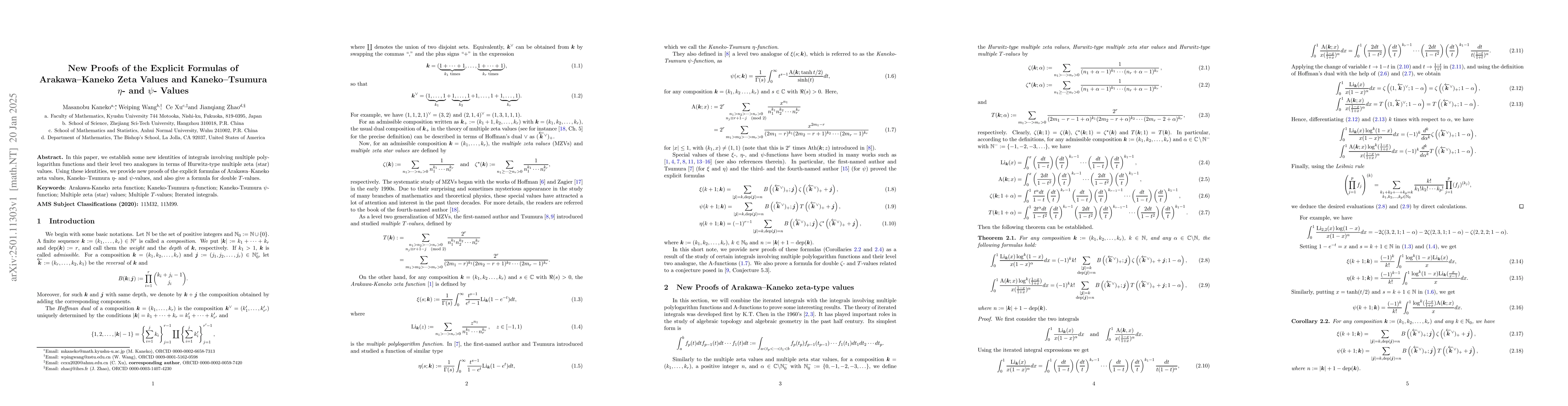 Thumbnail for New Proofs of the Explicit Formulas of Arakawa--Kaneko Zeta Values and
  Kaneko--Tsumura $Îˇ$- and $Ďˆ$- Values
