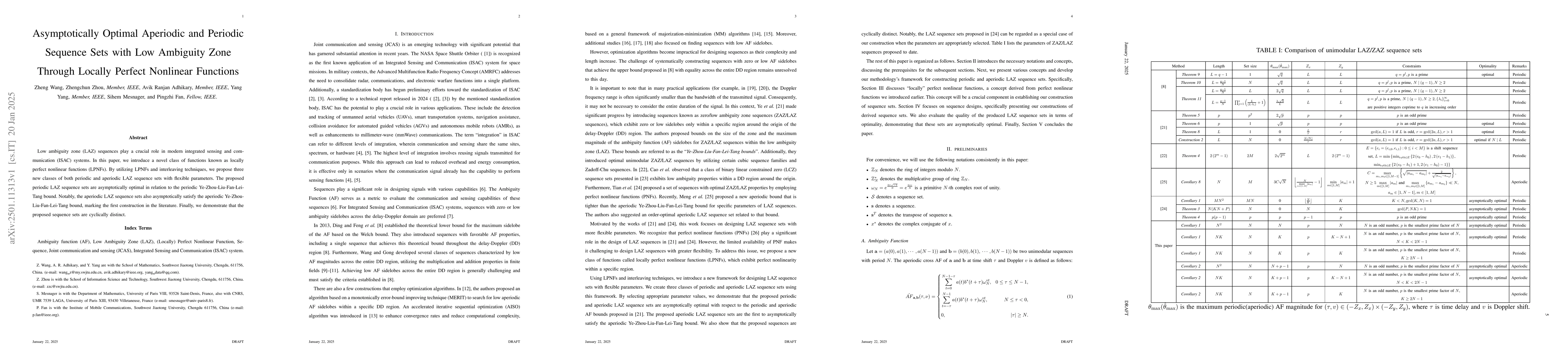 Thumbnail for Asymptotically Optimal Aperiodic and Periodic Sequence Sets with Low
  Ambiguity Zone Through Locally Perfect Nonlinear Functions