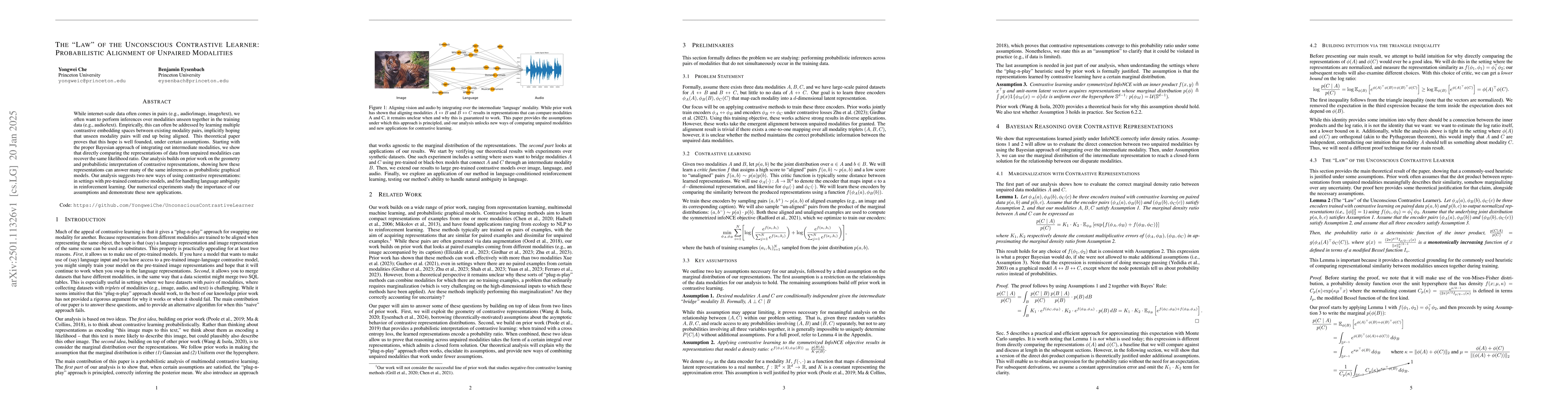 Thumbnail for The "Law" of the Unconscious Contrastive Learner: Probabilistic
  Alignment of Unpaired Modalities