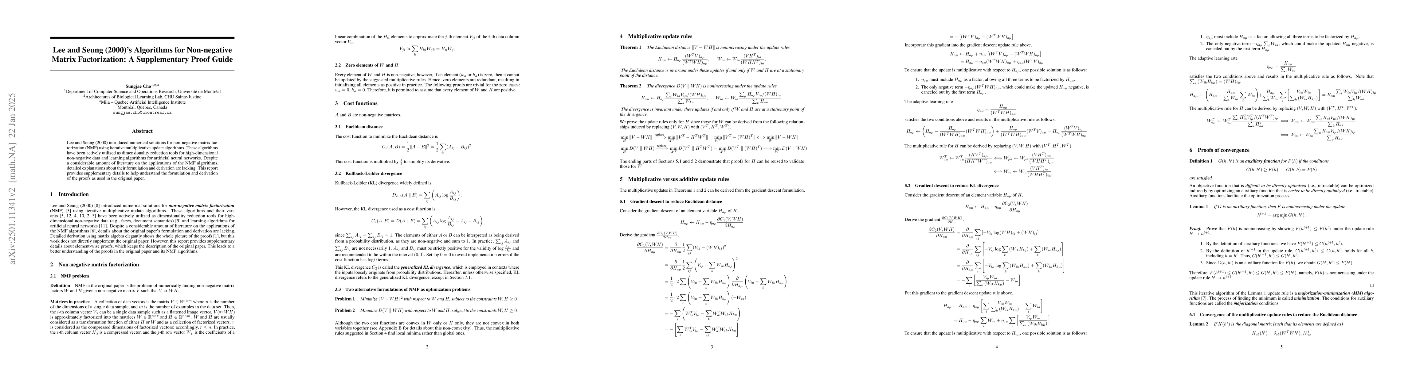 Thumbnail for Lee and Seung (2000)'s Algorithms for Non-negative Matrix Factorization:
  A Supplementary Proof Guide